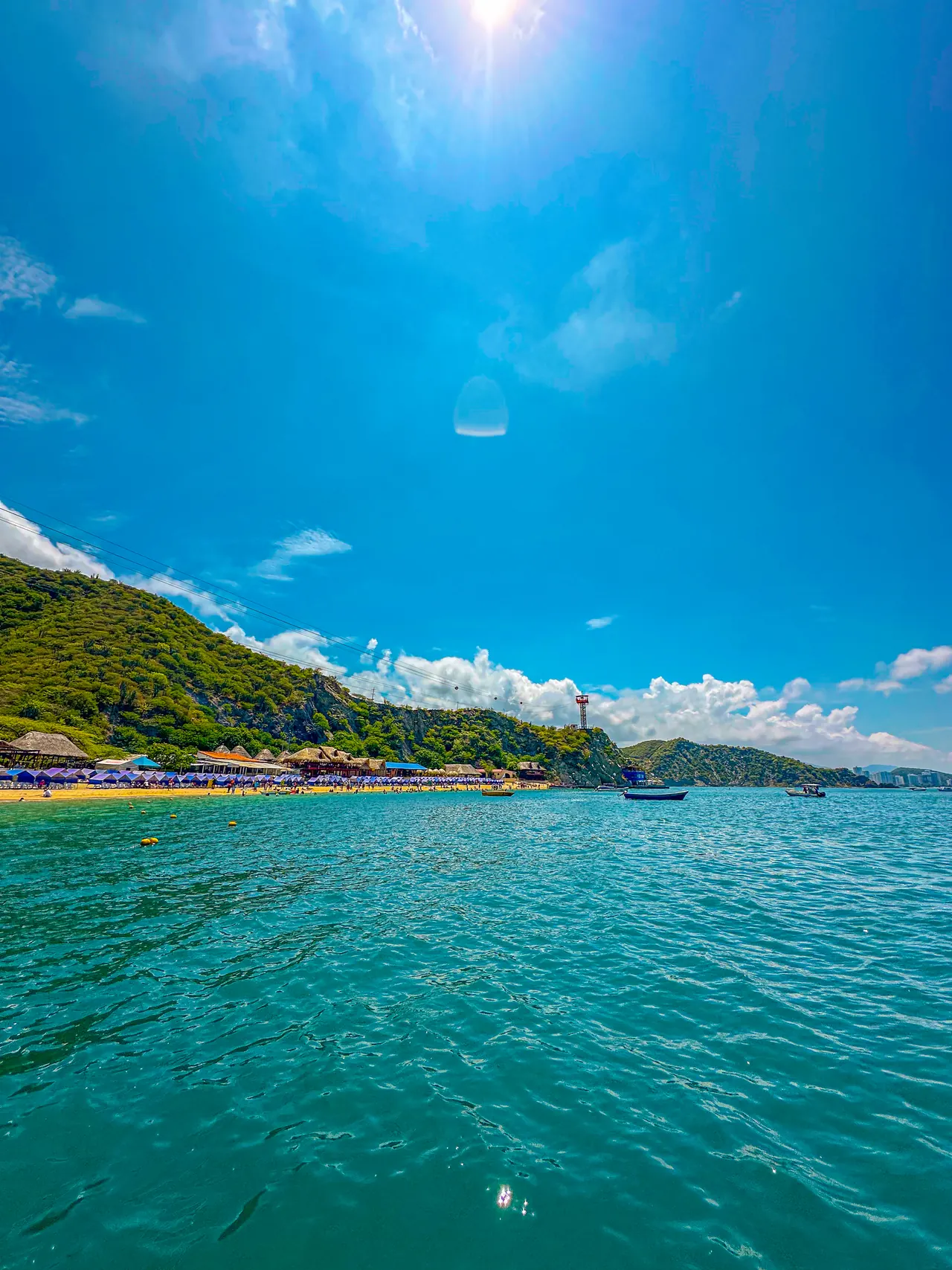 Blue sea and clear skies as we arrive at Playa Blanca.