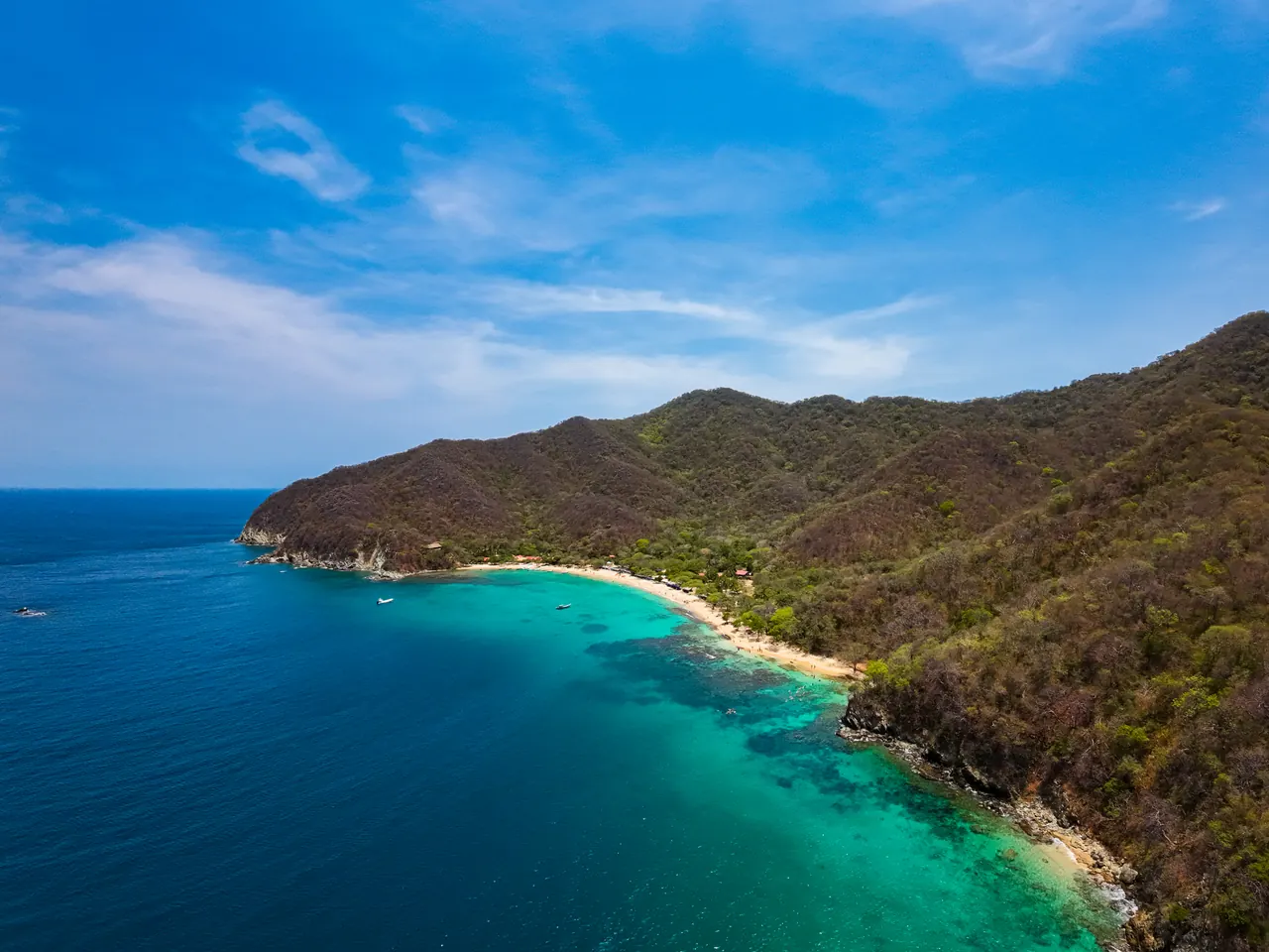 Aerial view of Playa Cristal and its reef in Parque Tayrona National Park.