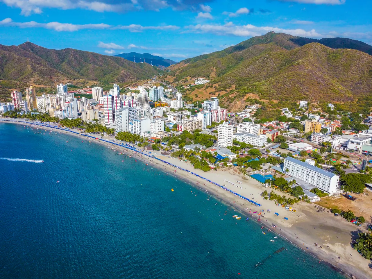 Aerial view of the beach and the buildings in El Rodadero.