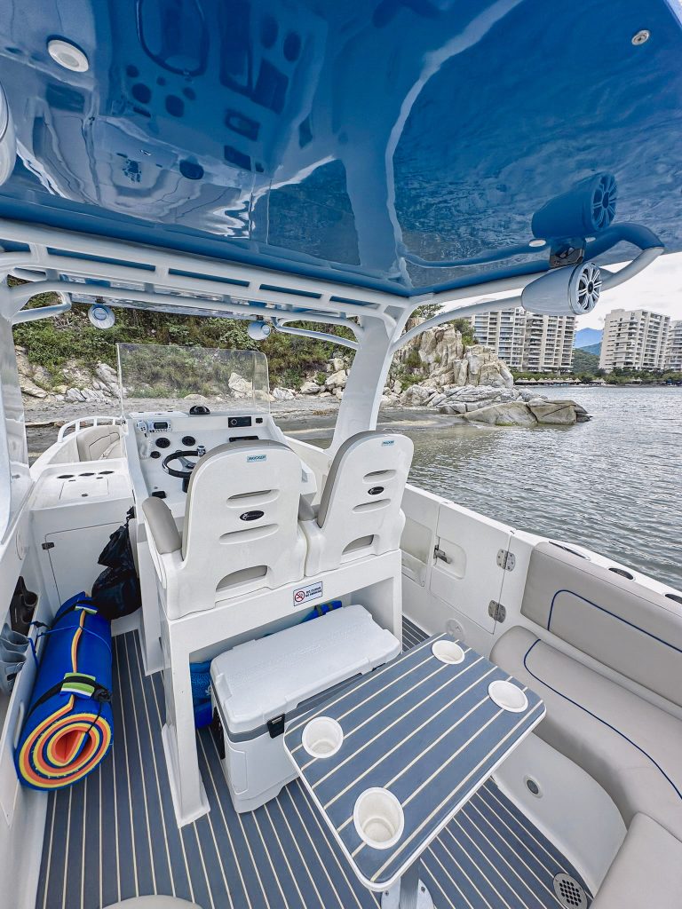 Seats and awning on board the Serenity II motorboat.