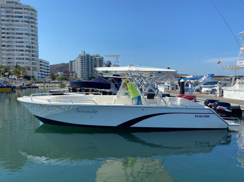 A boat moored at the Marina Internacional de Santa Marta.
