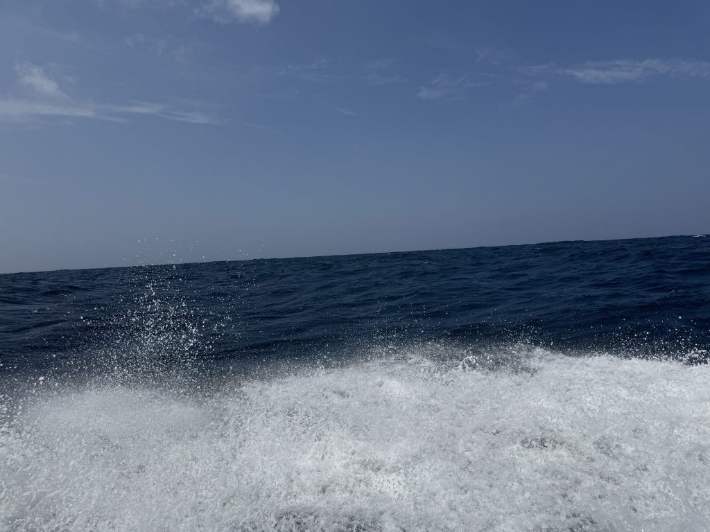 The wake of the boat in the Caribbean Sea.