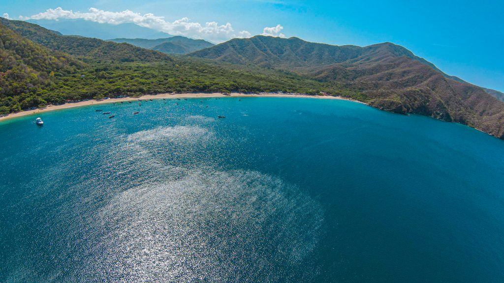 Bahía Concha from the air, Parque Tayrona National Park.