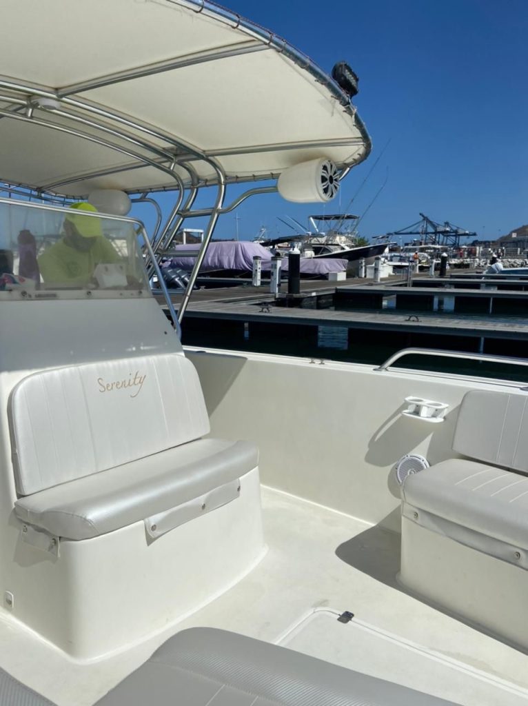 Side seating aboard the motorboat at the Marina Internacional marina.